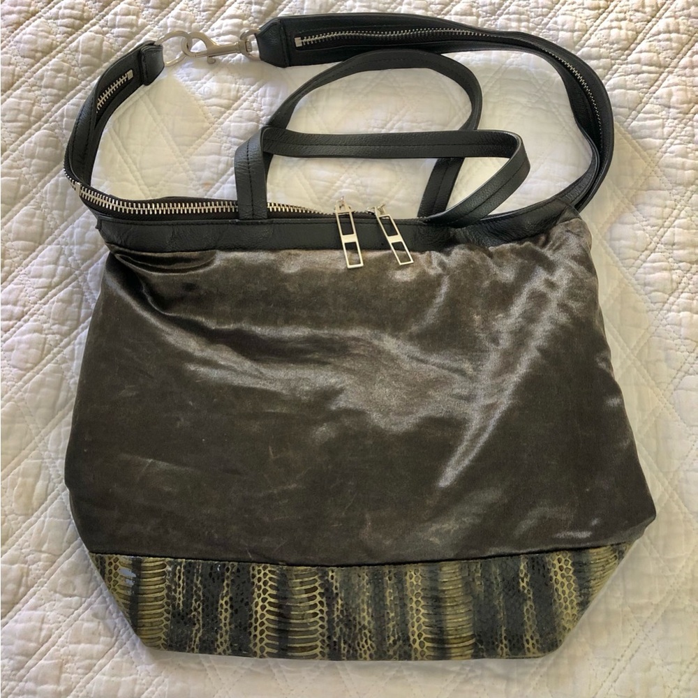 Kelsi Dagger Black and Brown Satin and Snake Print Leather Shoulder Bag